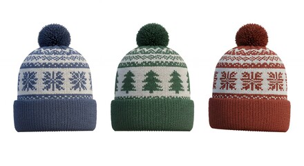 Three winter knitted hats with pom poms