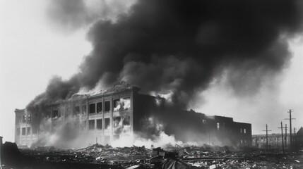 The Inferno: A Black and White Photograph of a Large Building Engulfed in Flames During a Devastating Fire