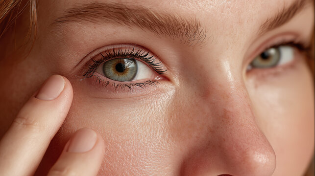 Close up of person gently dabbing concealer under eye with fingers, showing smooth skin and natural beauty with serene expression