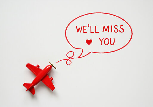 Farewell gift for a colleague leaving, a red toy airplane with a speech bubble that says We'll Miss You, conveying heartfelt goodbyes, and best wishes - Powered by Adobe