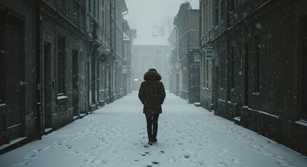 'A solitary figure in a fur-lined coat walks down a snow-covered urban alleyway, creating a moody and atmospheric winter scene.'