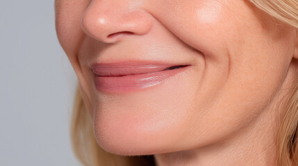 Obraz premium Soft skin close up of smiling woman with glowing jawline and cheek area after skincare routine, showing natural texture and healthy complexion with subtle lip color and blonde hair strands