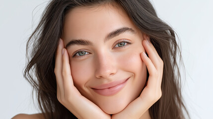 Young woman with light skin and green eyes smiling gently with hands framing her face, showing smooth skin and natural beauty in soft lighting