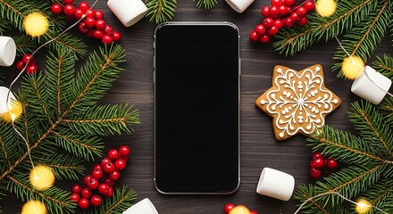 Festive phone with gingerbread and fir christmas berries