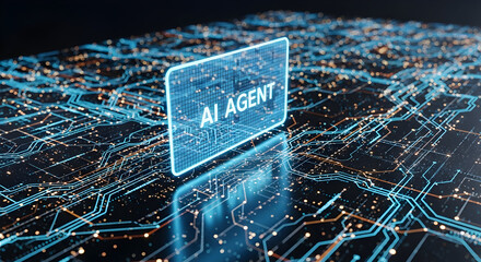 Digital Interface Displaying AI Agent in Futuristic Technology Environment with Data Stream Visualization