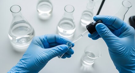 Blue gloved hands using dropper with laboratory glassware