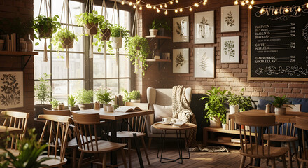 Fototapeta premium Sunlit bohemian cafe interior featuring lush greenery, botanical art, and a warm, inviting atmosphere.
