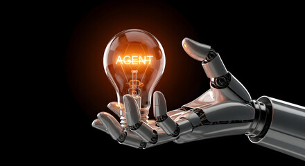 Robotic Hand Holding Glowing Light Bulb in Innovation and Technology Concept with Dark Background