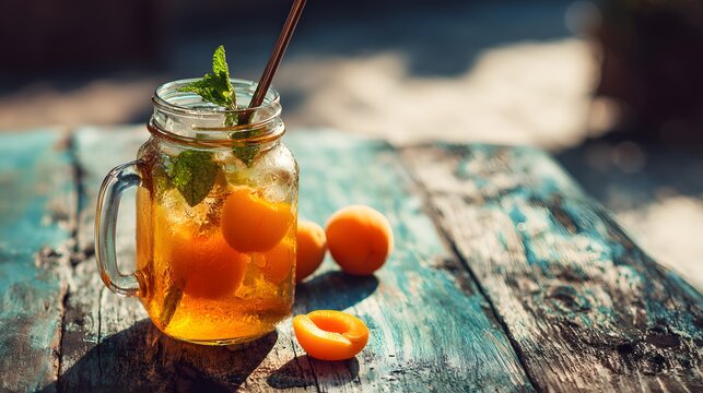 Iced apricot tea in a mason jar with fresh mint.