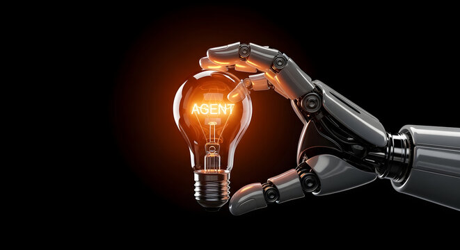 Robotic Hand Holding Glowing Light Bulb in Innovation and Technology Concept with Dark Background