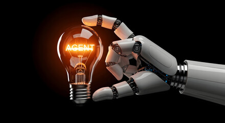 Robotic Hand Holding Glowing Light Bulb in Innovation and Technology Concept with Dark Background