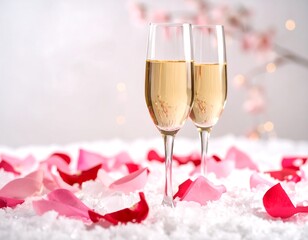 Two champagne flutes on a bed of rose petals and snow