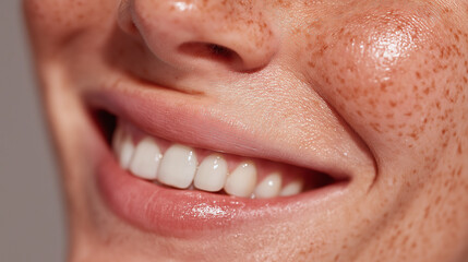 Fototapeta premium Close up of smiling person with radiant glowing skin and visible freckles, showing healthy white teeth and natural lip texture in soft lighting