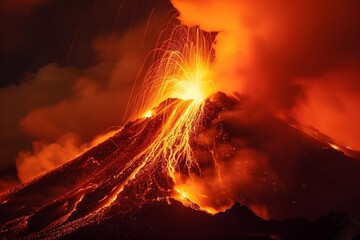 Active volcano erupting with glowing lava and smoke at night, dramatic explosion, red orange lighting, nature disaster concept.