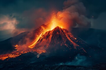 Active volcano erupting with glowing lava and smoke at night, dramatic explosion, red orange lighting, nature disaster concept.