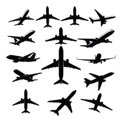 Vector art of a collection of diverse airplane silhouettes showcasing various aircraft designs and angles for aviation themes