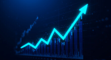 Bright blue upward trend arrow over financial chart graph