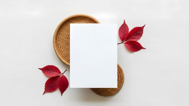 Overhead view of a blank white paper mock up with red autumn leaves and woven coasters on a light background