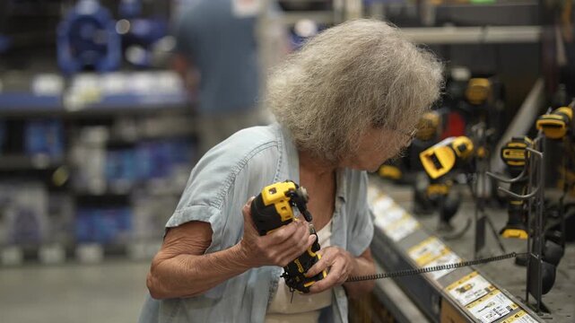 An elderly woman navigates a hardware store with a walker, carefully examining tools and supplies for her home renovation project. She looks focused and determined.