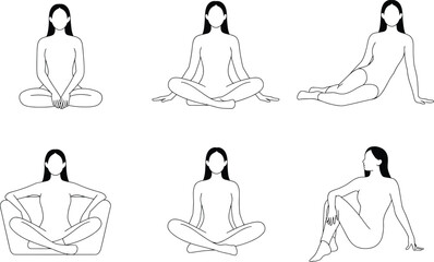 Line art illustrations of women in yoga and meditation poses