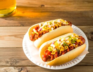 Two chili dogs on a plate, next to a beer