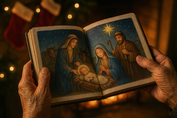 Elderly hands holding illustrated nativity scene book with baby jesus, mary, joseph, and wise men by christmas fireplace © Aleksandra
