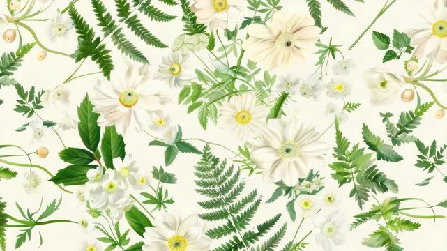 A vibrant pattern design with flowers, leaves, and foil texture on a white background.