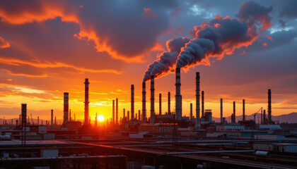 Stunning sunset illuminates chemical plant, with smoke billowing from tall chimneys against vibrant sky. scene captures contrast between industrial activity and natural beauty