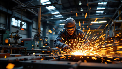 Metal fabricator works diligently in workshop, surrounded by machinery and tools, creating sparks as metal is shaped and molded. atmosphere is filled with energy and focus