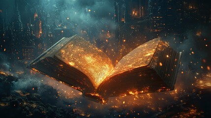 Discover ancient knowledge within this mystical book floating above a dark city, perfect for fantasy storytelling, magical tales, or illustrating imaginative adventures