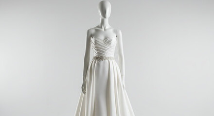 Elegant Strapless Wedding Dress with Intricate Bodice Detail and Sparkling Waistband Displayed on a Mannequin