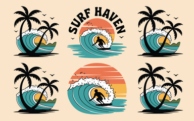 Vintage Surf Haven Surfer and Wave Logos ocean