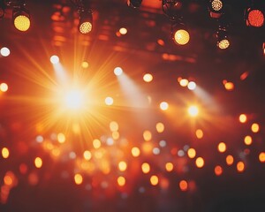 A vibrant charity concert with glowing stage lights and banners urging attendees to support the fundraiser, sunlight creating a golden backdrop