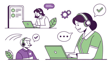 Online technical support and virtual assistant character illustrations. A friendly woman operator with a headset providing customer help and advice remotely.
