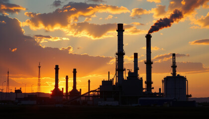 Silhouette of gas plant against vibrant sunset, showcasing industrial structures and smokestacks. scene evokes sense of energy production and environmental impact