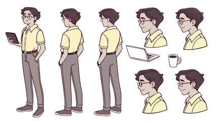Young man character sheet for animation. Cartoon vector illustration of a student or professional with different poses, expressions, and a turnaround view.

