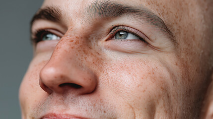 Obraz premium Close up of bald man with blue eyes and freckles on his face looking upwards with calm and thoughtful expression, highlighting natural skin texture and eyebrow details