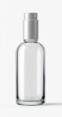 A clear glass bottle with a silver pump top, slightly rounded, sits on a white background.  It's empty and ready for product