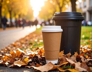 Two coffee cups in autumn leaves