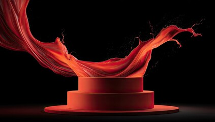 Dynamic red liquid splash elegantly arcs over a two-tiered cylindrical platform against a stark black background