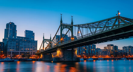 Obraz premium Sunset Over Budapest Bridge Serene Waterscape & Cityscape Lights