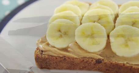 Displaying whole grain toast with peanut butter and banana slices on decorative plate with knife