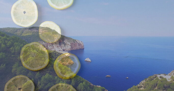 Fototapeta Overlaying translucent lemon slices forming double exposure at bay, with rocky shoreline and pines