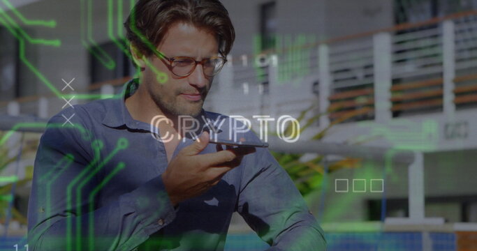 Speaking man with glasses and blue shirt on outdoor terrace, with smartphone and crypto graphics