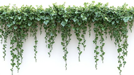 Lush Green Ivy Cascading Down White Wall: Symmetrical Botanical Wall Decor