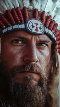 A man with a fierce look on his face dressed in Native American attire.