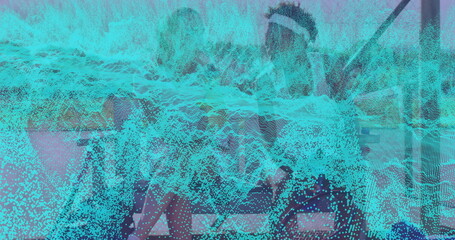 Working coworkers wearing casual attire, typing on laptops at office desk, with waveform overlay