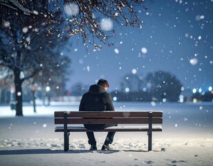 single lonely alone person sitting on park bench in winter time snow