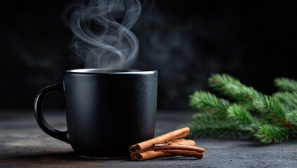 Steaming dark mug of hot beverage with cinnamon sticks and evergreen sprig on a dark grey surface