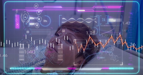 Showing senior woman wearing medical gown reclining on bed in high tech lab, holographic interface